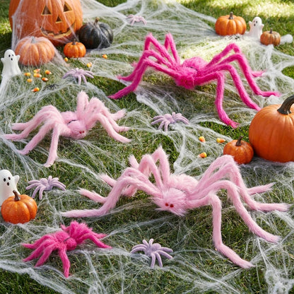 8 Pcs Halloween Pink Fuzzy Spider Decorations, Giant Pink Hairy Spider Set
