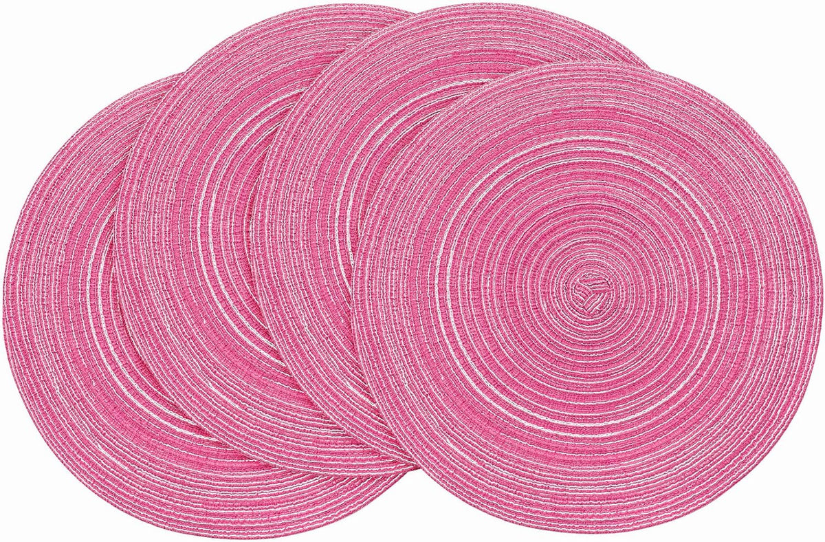15 Inch Round Braided Placemats Set of 4, Washable Heat Resistant Cotton Polyester Circle Place Mats for Kitchen Dining Table - Berry Pink