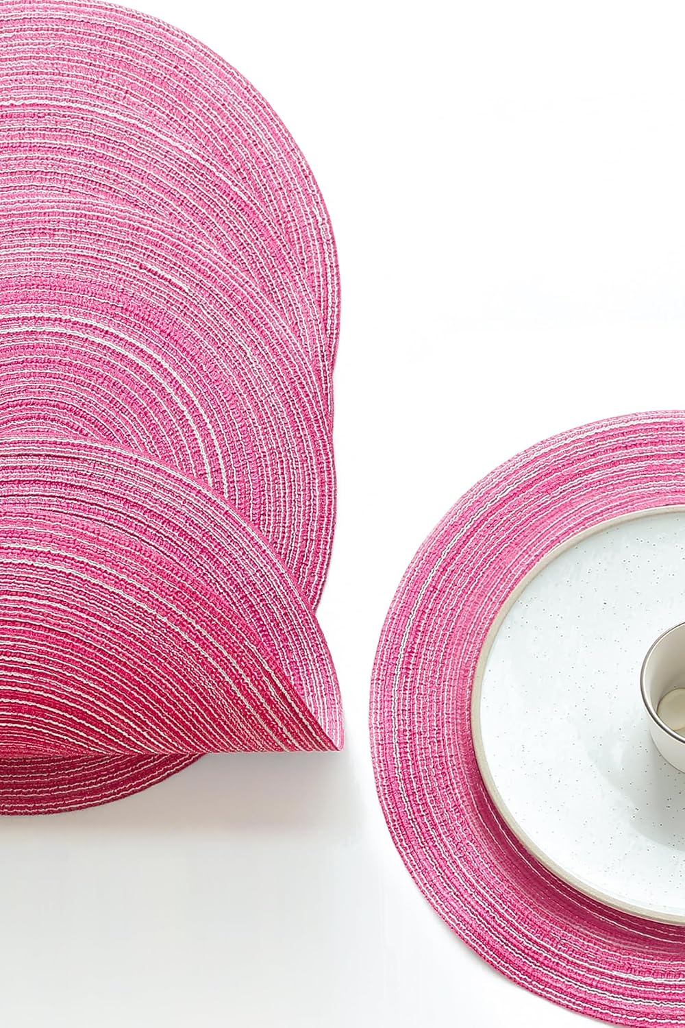 15 Inch Round Braided Placemats Set of 4, Washable Heat Resistant Cotton Polyester Circle Place Mats for Kitchen Dining Table - Berry Pink