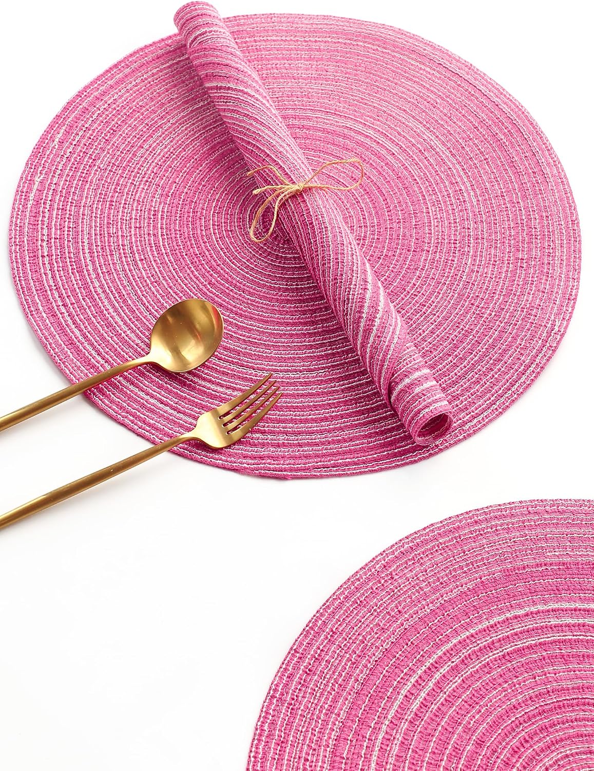 15 Inch Round Braided Placemats Set of 4, Washable Heat Resistant Cotton Polyester Circle Place Mats for Kitchen Dining Table - Berry Pink