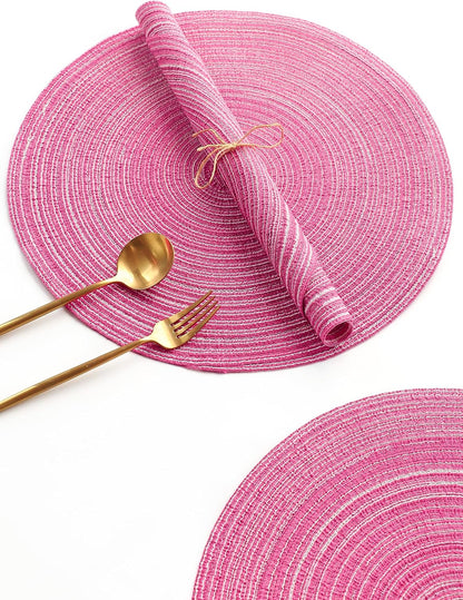 15 Inch Round Braided Placemats Set of 4, Washable Heat Resistant Cotton Polyester Circle Place Mats for Kitchen Dining Table - Berry Pink