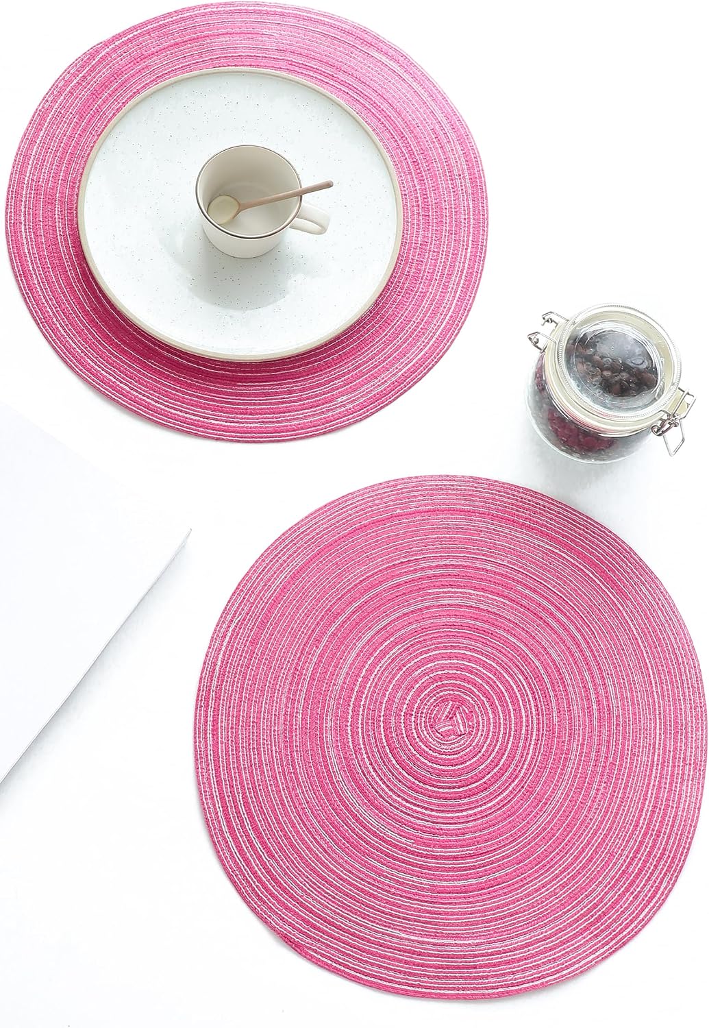 15 Inch Round Braided Placemats Set of 4, Washable Heat Resistant Cotton Polyester Circle Place Mats for Kitchen Dining Table - Berry Pink
