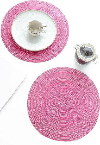 15 Inch Round Braided Placemats Set of 4, Washable Heat Resistant Cotton Polyester Circle Place Mats for Kitchen Dining Table - Berry Pink
