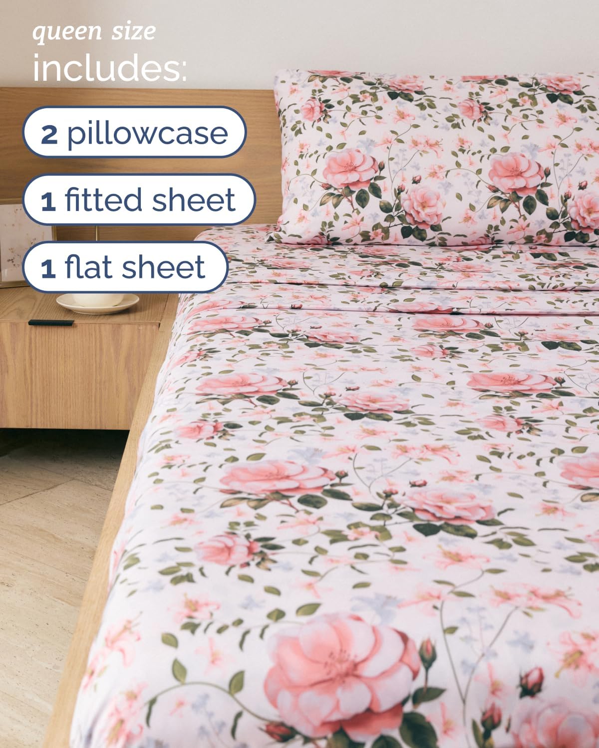 Queen 4 Piece Floral Sheet Set - Soft, Breathable & Cooling - Secret Garden