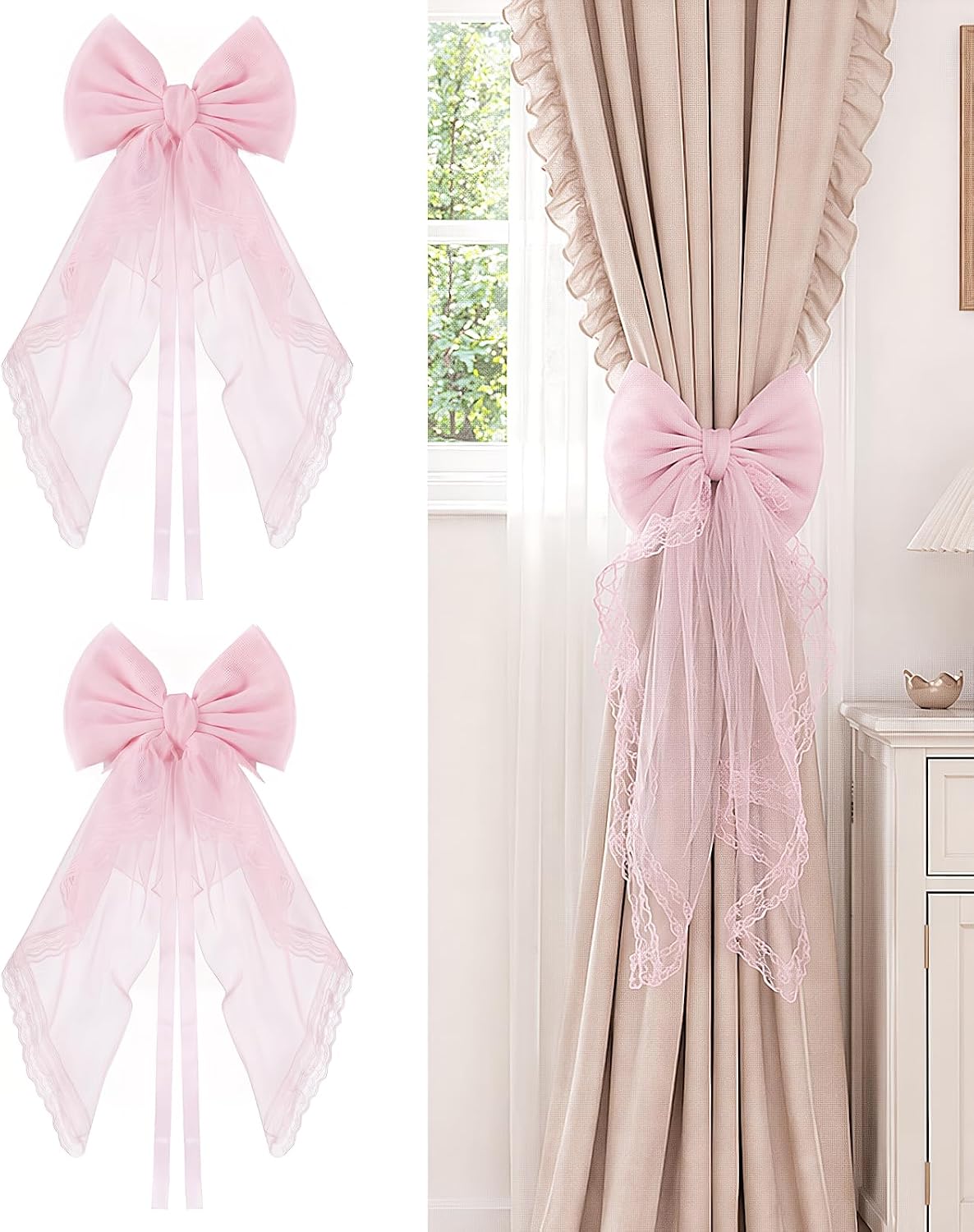 2 Pack French Lace Bow Curtain Tiebacks, Large Bow Curtains Holdbacks Ties for Home Bedroom Wedding Party Décor (Pink)