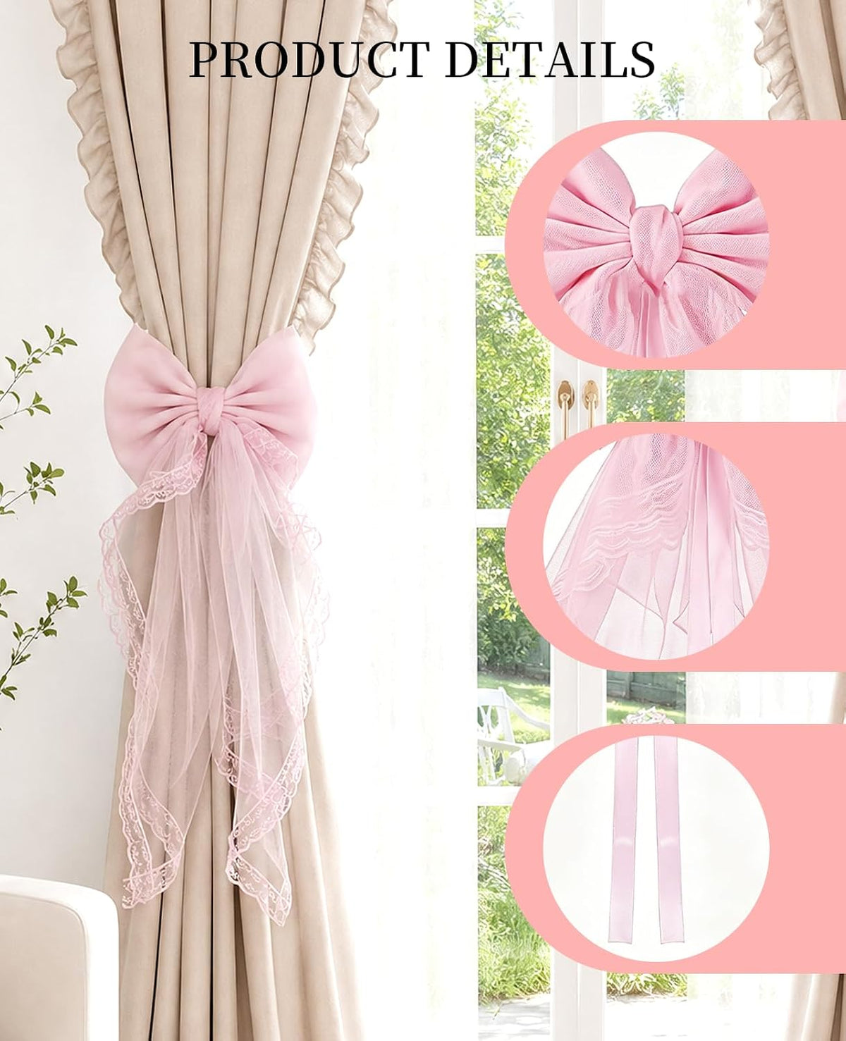 2 Pack French Lace Bow Curtain Tiebacks, Large Bow Curtains Holdbacks Ties for Home Bedroom Wedding Party Décor (Pink)
