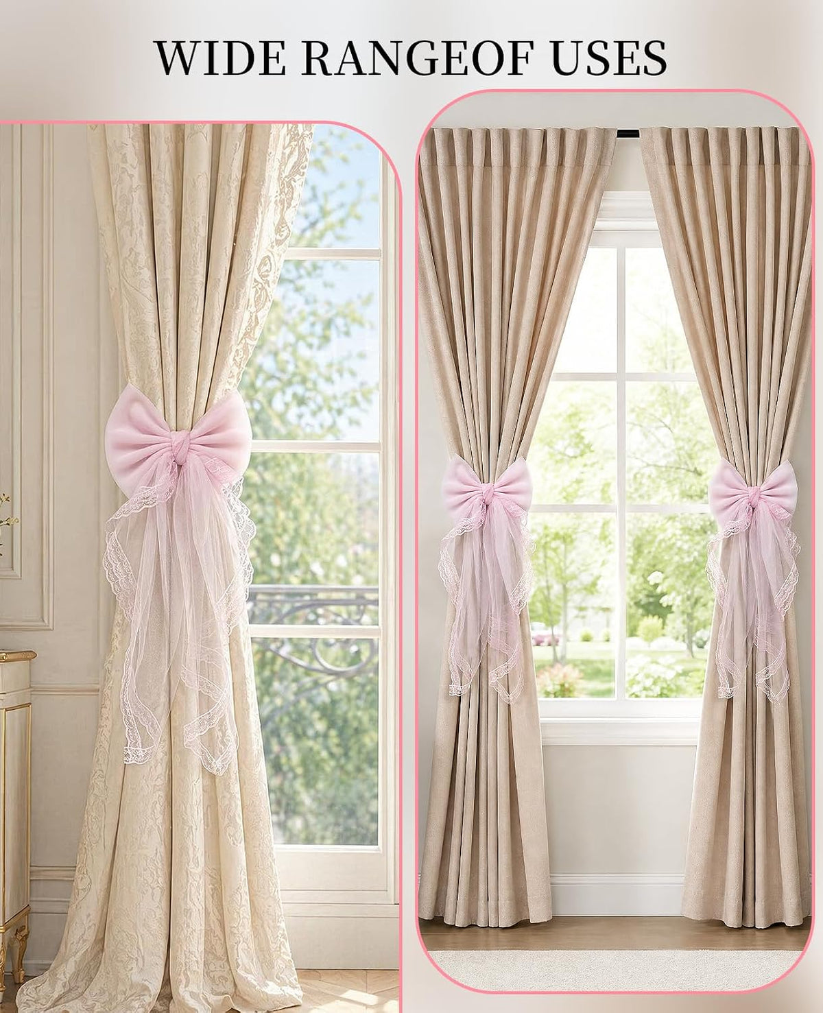 2 Pack French Lace Bow Curtain Tiebacks, Large Bow Curtains Holdbacks Ties for Home Bedroom Wedding Party Décor (Pink)