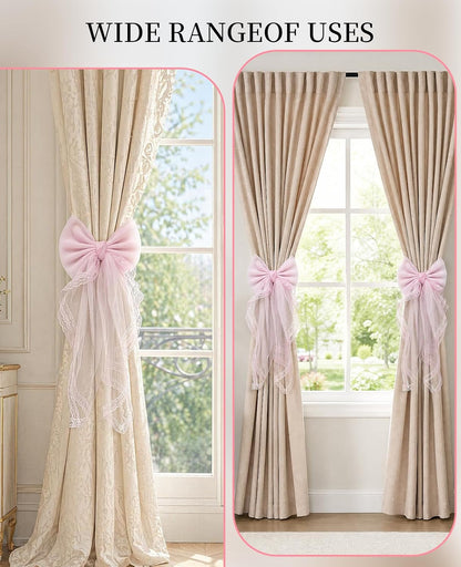 2 Pack French Lace Bow Curtain Tiebacks, Large Bow Curtains Holdbacks Ties for Home Bedroom Wedding Party Décor (Pink)