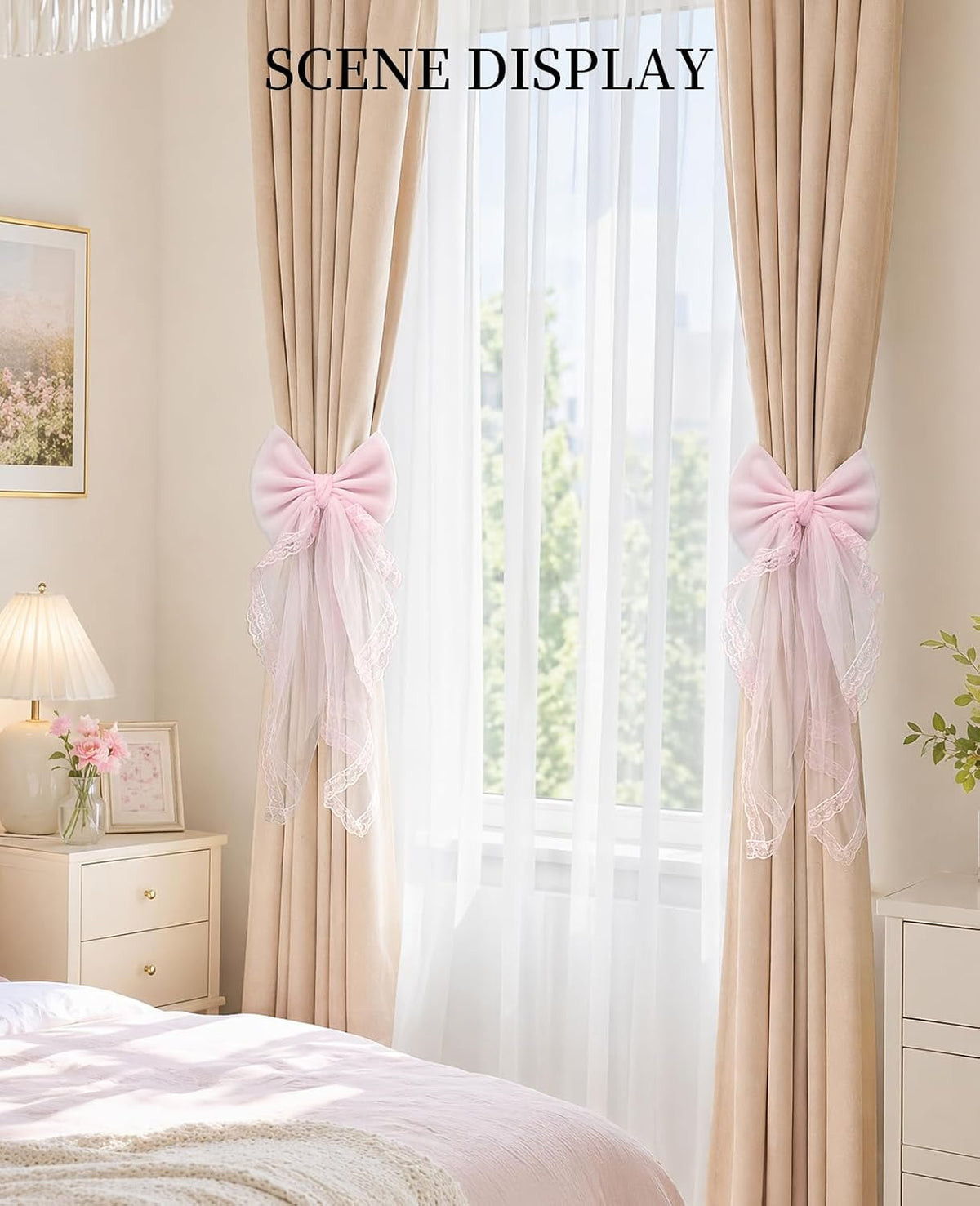 2 Pack French Lace Bow Curtain Tiebacks, Large Bow Curtains Holdbacks Ties for Home Bedroom Wedding Party Décor (Pink)