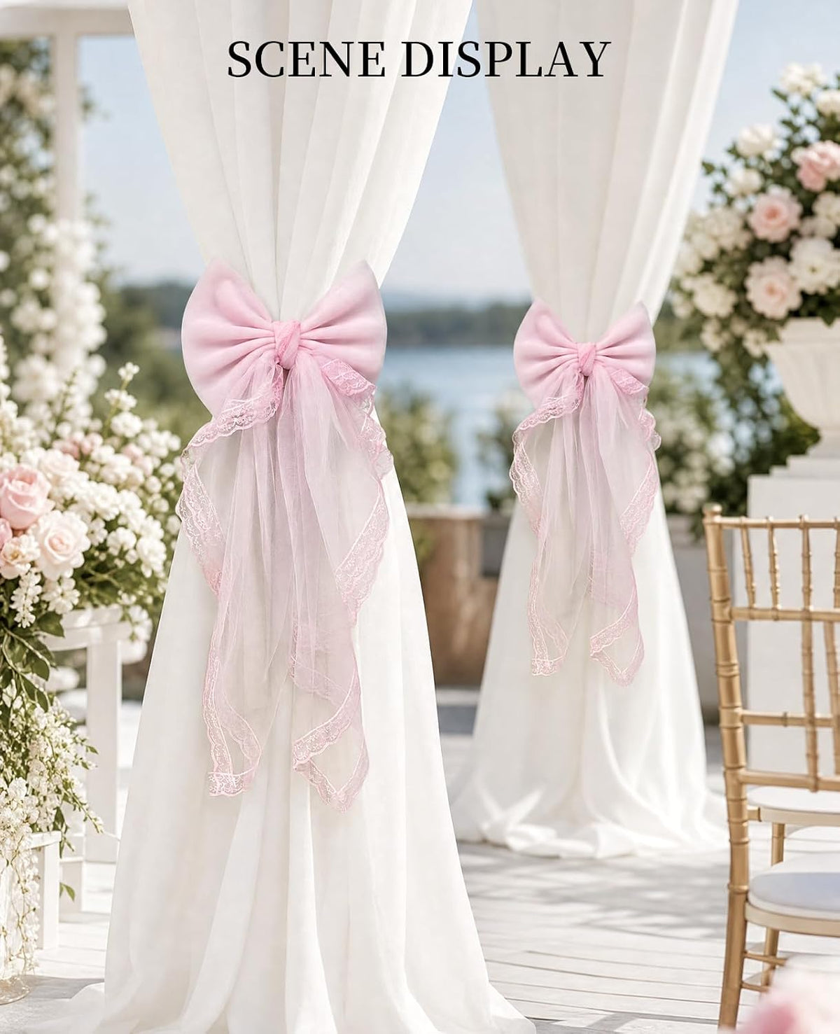2 Pack French Lace Bow Curtain Tiebacks, Large Bow Curtains Holdbacks Ties for Home Bedroom Wedding Party Décor (Pink)