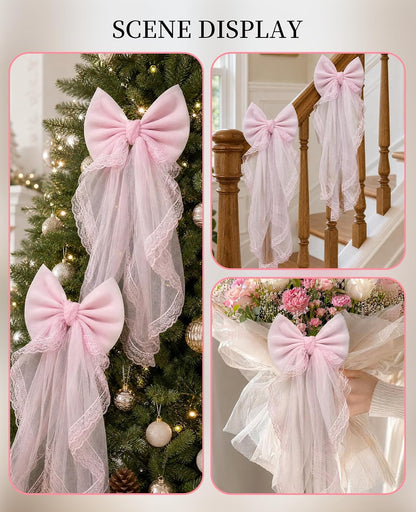2 Pack French Lace Bow Curtain Tiebacks, Large Bow Curtains Holdbacks Ties for Home Bedroom Wedding Party Décor (Pink)