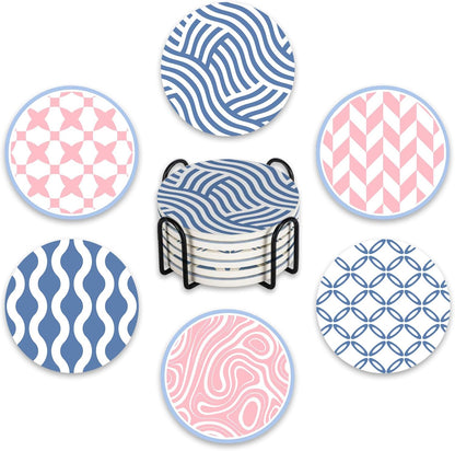 Pink Blue Geometric Ceramic Coasters with Holder Set of 6