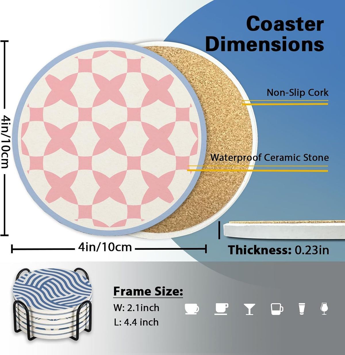 Pink Blue Geometric Ceramic Coasters with Holder Set of 6
