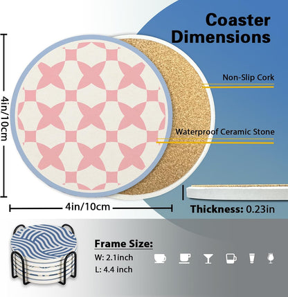 Pink Blue Geometric Ceramic Coasters with Holder Set of 6