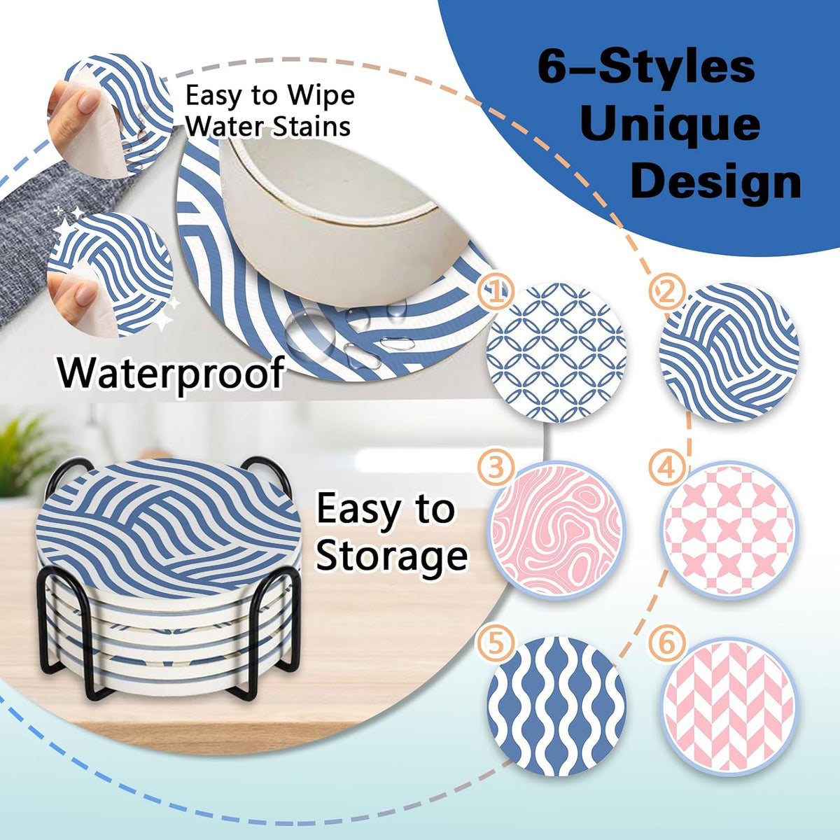 Pink Blue Geometric Ceramic Coasters with Holder Set of 6