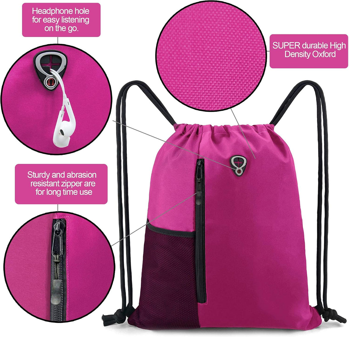 Pink Cinch Sack Drawstring Backpack For Women With Water Bottle Pocket &Two Zippered Pocket Large Sports Gym Sackpack For Traveling Yoga Beach Outdoor