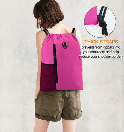 Pink Cinch Sack Drawstring Backpack For Women With Water Bottle Pocket &Two Zippered Pocket Large Sports Gym Sackpack For Traveling Yoga Beach Outdoor