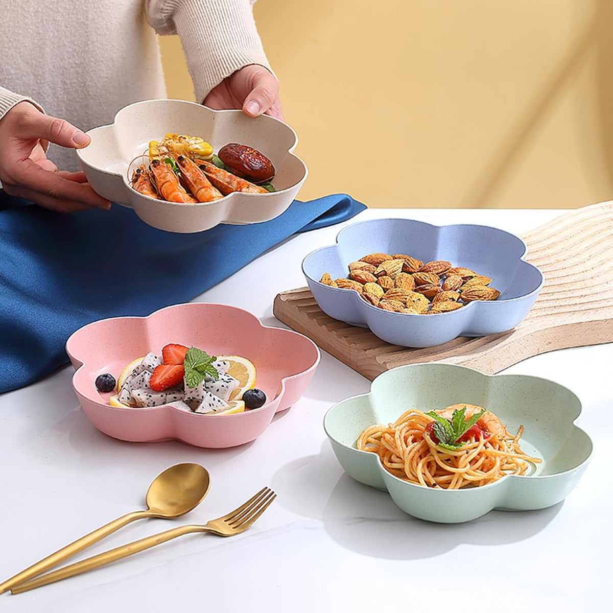5 Pack Small Dessert Bowls 21oz, 7 Inch Wheat Straw Snack Appetizer Plates, Pinch Prep Bowls for Cooking, Seasoning Spice Dipping Bowls Dishes, Reusable Cake Plates for Party BBQ (Pink)