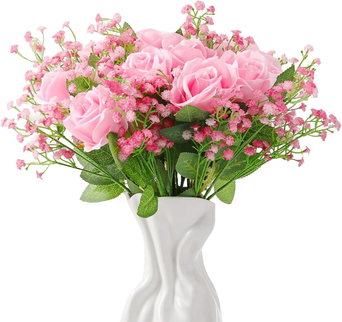 24 Pcs Artificial Flowers Bouquet 16 Pink Roses and 8 Baby Breath Gypsophila Fake Silk Floral Arrangements for Wedding Party Home Decor Centerpieces