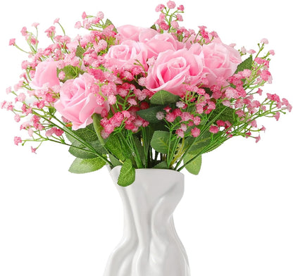 24 Pcs Artificial Flowers Bouquet 16 Pink Roses and 8 Baby Breath Gypsophila Fake Silk Floral Arrangements for Wedding Party Home Decor Centerpieces