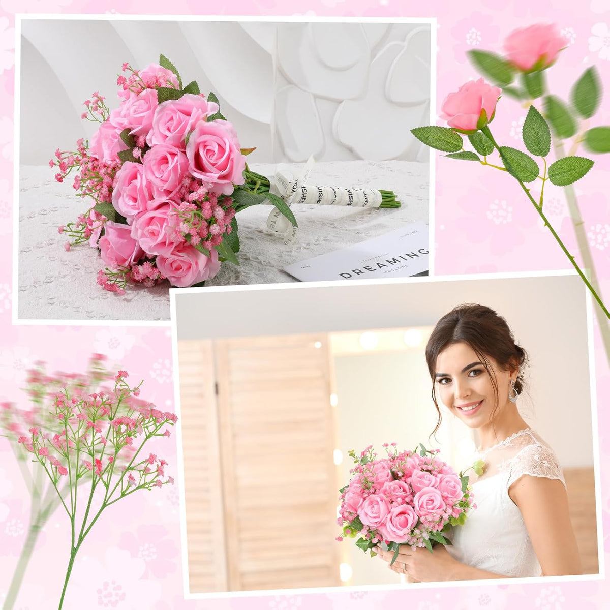24 Pcs Artificial Flowers Bouquet 16 Pink Roses and 8 Baby Breath Gypsophila Fake Silk Floral Arrangements for Wedding Party Home Decor Centerpieces