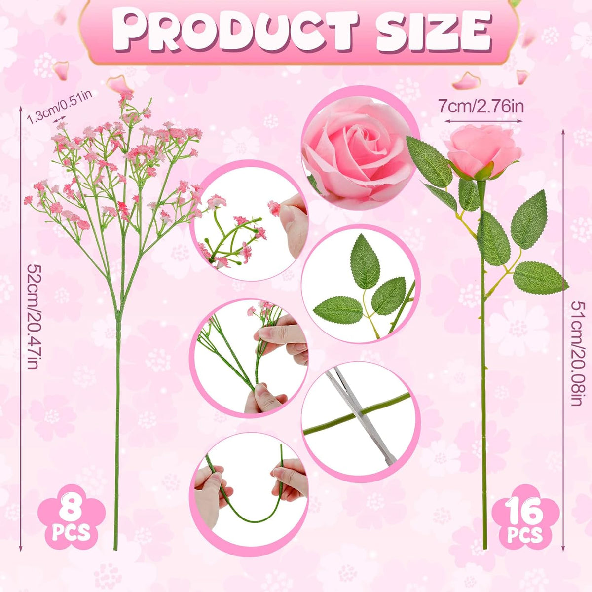 24 Pcs Artificial Flowers Bouquet 16 Pink Roses and 8 Baby Breath Gypsophila Fake Silk Floral Arrangements for Wedding Party Home Decor Centerpieces