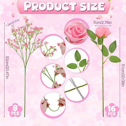 24 Pcs Artificial Flowers Bouquet 16 Pink Roses and 8 Baby Breath Gypsophila Fake Silk Floral Arrangements for Wedding Party Home Decor Centerpieces