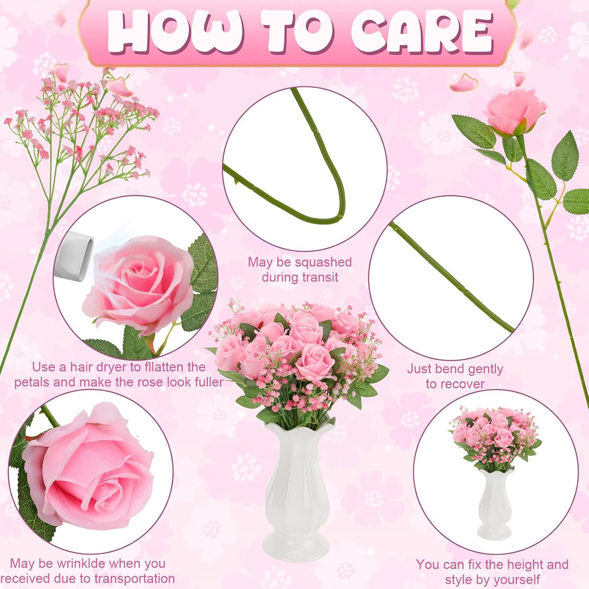 24 Pcs Artificial Flowers Bouquet 16 Pink Roses and 8 Baby Breath Gypsophila Fake Silk Floral Arrangements for Wedding Party Home Decor Centerpieces