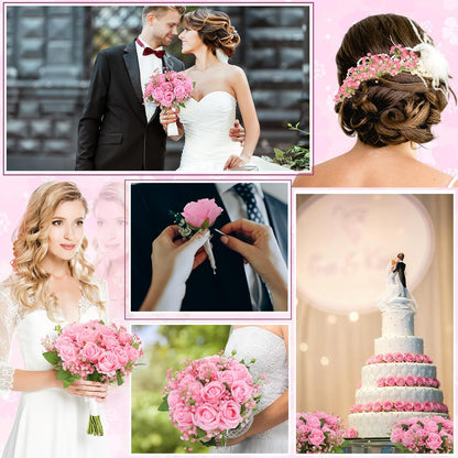 24 Pcs Artificial Flowers Bouquet 16 Pink Roses and 8 Baby Breath Gypsophila Fake Silk Floral Arrangements for Wedding Party Home Decor Centerpieces