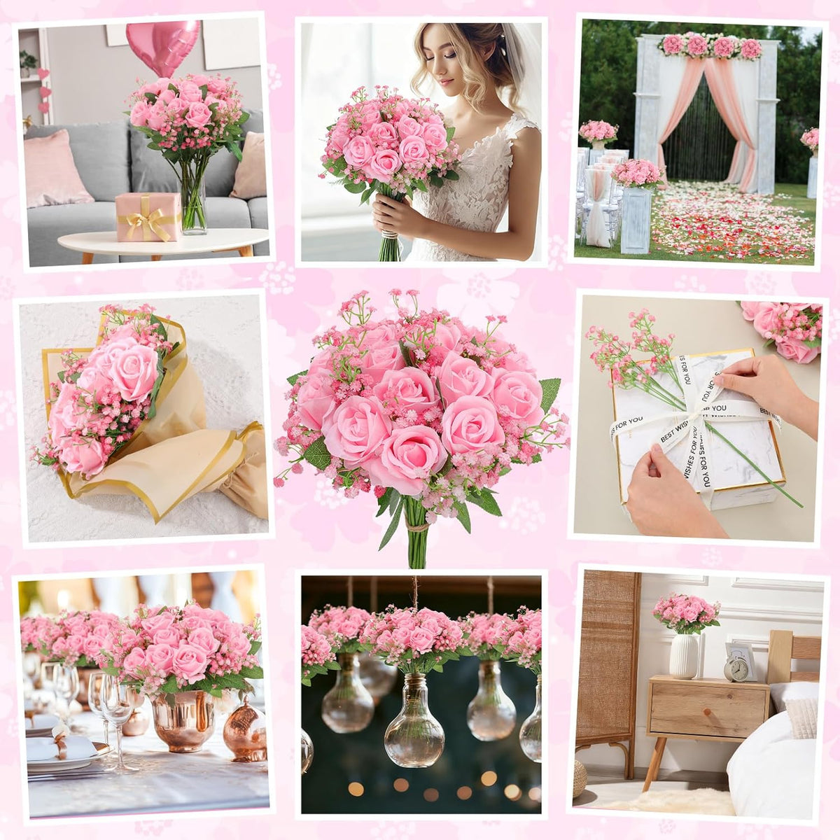 24 Pcs Artificial Flowers Bouquet 16 Pink Roses and 8 Baby Breath Gypsophila Fake Silk Floral Arrangements for Wedding Party Home Decor Centerpieces