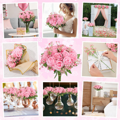 24 Pcs Artificial Flowers Bouquet 16 Pink Roses and 8 Baby Breath Gypsophila Fake Silk Floral Arrangements for Wedding Party Home Decor Centerpieces