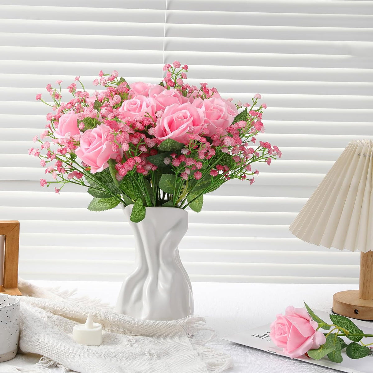 24 Pcs Artificial Flowers Bouquet 16 Pink Roses and 8 Baby Breath Gypsophila Fake Silk Floral Arrangements for Wedding Party Home Decor Centerpieces