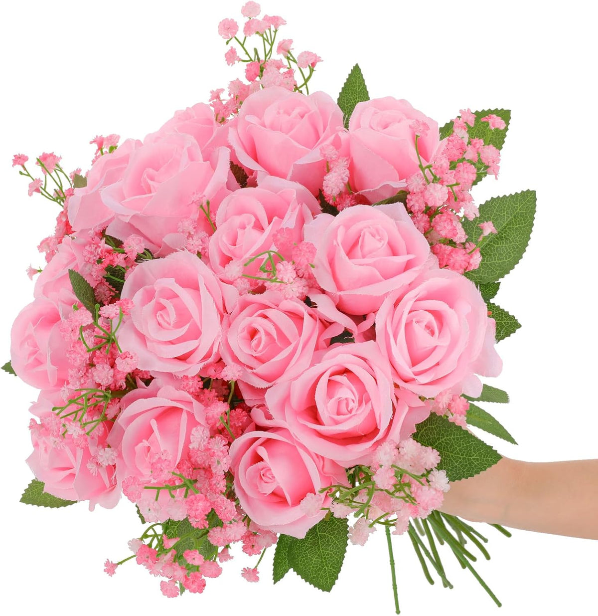 24 Pcs Artificial Flowers Bouquet 16 Pink Roses and 8 Baby Breath Gypsophila Fake Silk Floral Arrangements for Wedding Party Home Decor Centerpieces
