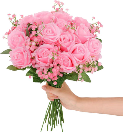 24 Pcs Artificial Flowers Bouquet 16 Pink Roses and 8 Baby Breath Gypsophila Fake Silk Floral Arrangements for Wedding Party Home Decor Centerpieces