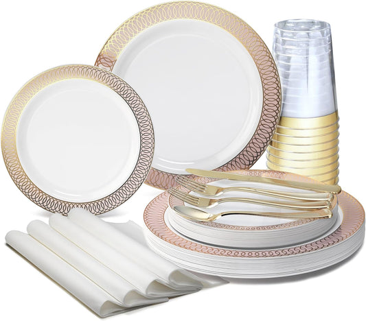 " OCCASIONS " 200pcs set (25 Guests)-Wedding Party Disposable Plastic Plates & cutlery -25 x 10'' + 25 x 7.5'' + Silverware + Cups + Napkins (Venice in White/Blush/Peach & Gold)