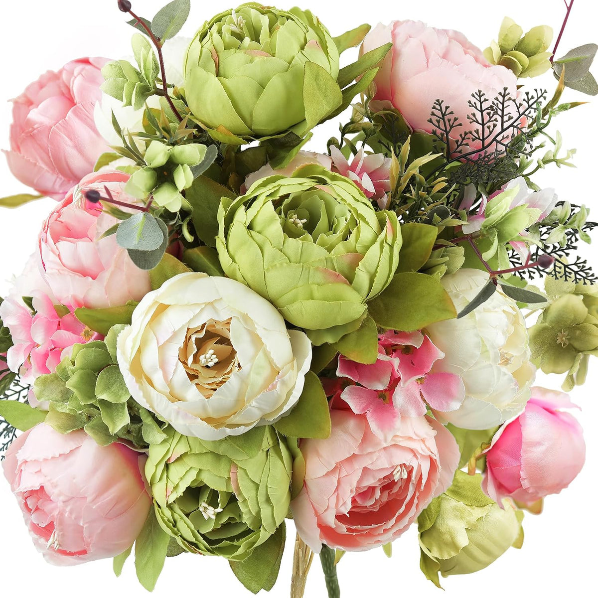 Artificial Peony Bouquet, Pink, Beige & Green Silk Flowers for Wedding Centerpieces, Bridal Bouquets & Home Decor – Spring Waltz