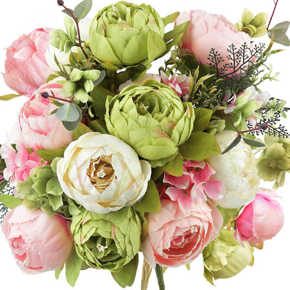 Artificial Peony Bouquet, Pink, Beige & Green Silk Flowers for Wedding Centerpieces, Bridal Bouquets & Home Decor – Spring Waltz