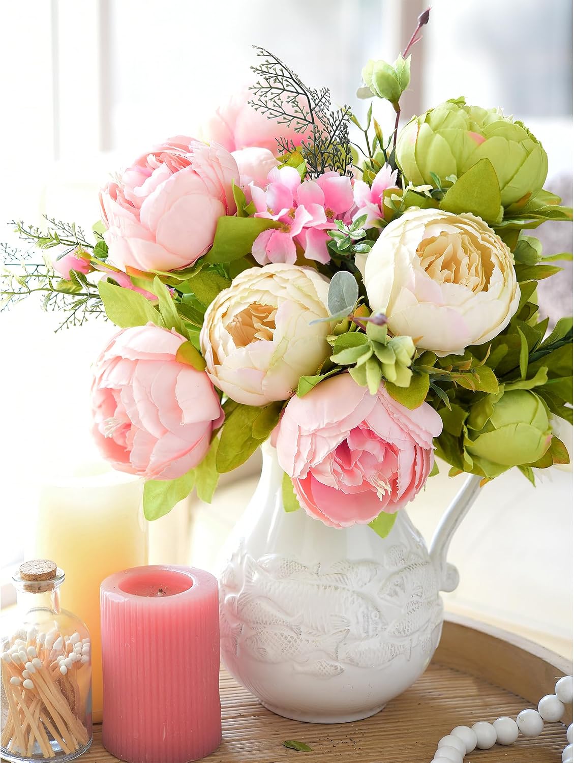 Artificial Peony Bouquet, Pink, Beige & Green Silk Flowers for Wedding Centerpieces, Bridal Bouquets & Home Decor – Spring Waltz