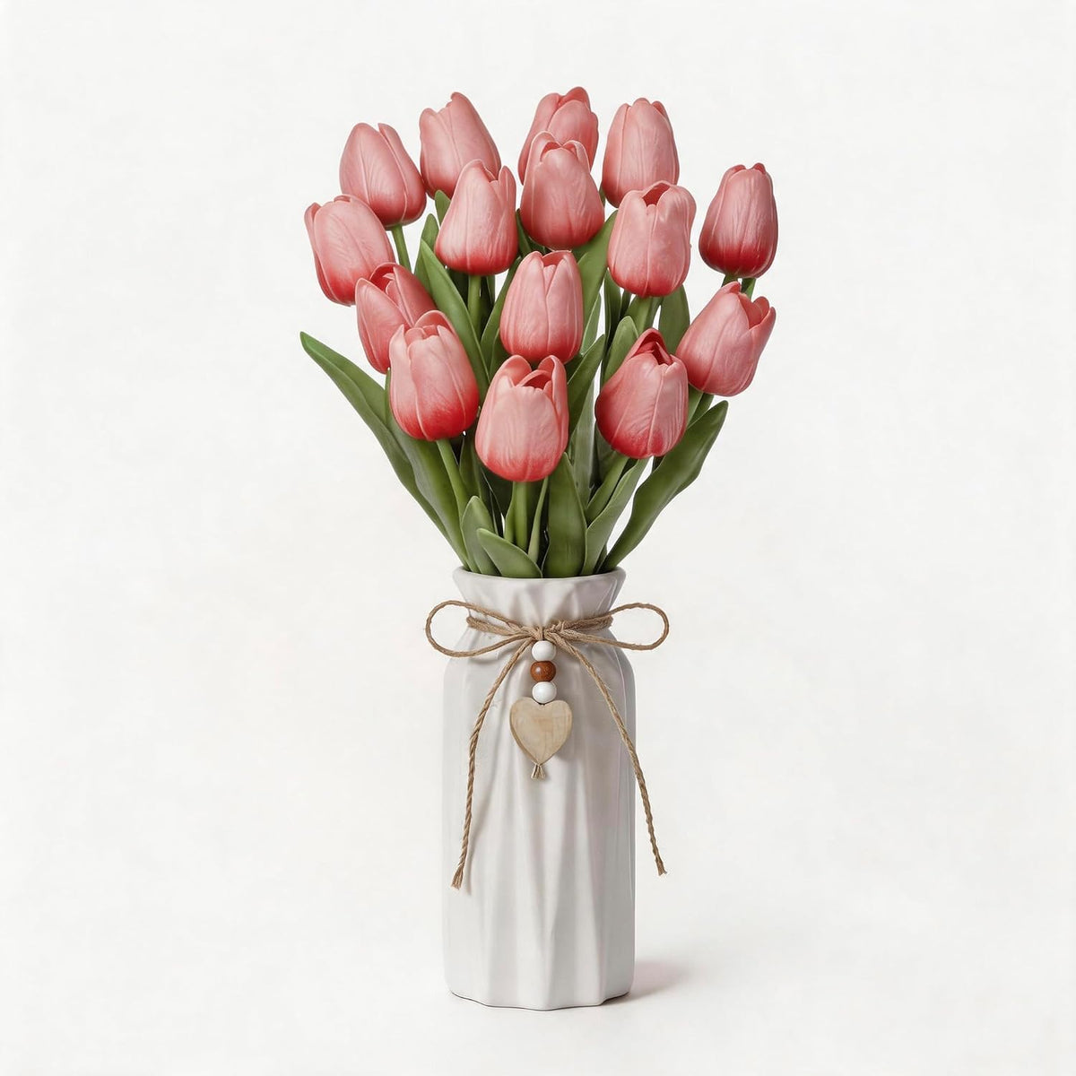 Artificial Tulip Flower Arrangement in Ceramic Vase with Rustic Heart Charm, 15 PCS PU Real Touch Faux Floral Table Centerpiece for Home, Dining Table, Wedding Décor, Peach Pink