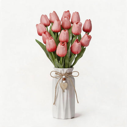 Artificial Tulip Flower Arrangement in Ceramic Vase with Rustic Heart Charm, 15 PCS PU Real Touch Faux Floral Table Centerpiece for Home, Dining Table, Wedding Décor, Peach Pink