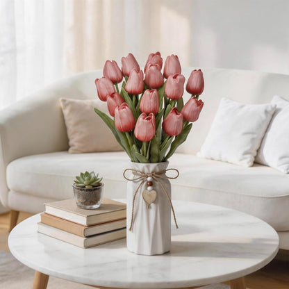 Artificial Tulip Flower Arrangement in Ceramic Vase with Rustic Heart Charm, 15 PCS PU Real Touch Faux Floral Table Centerpiece for Home, Dining Table, Wedding Décor, Peach Pink