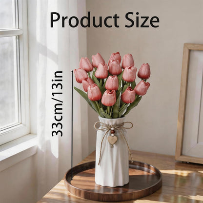Artificial Tulip Flower Arrangement in Ceramic Vase with Rustic Heart Charm, 15 PCS PU Real Touch Faux Floral Table Centerpiece for Home, Dining Table, Wedding Décor, Peach Pink