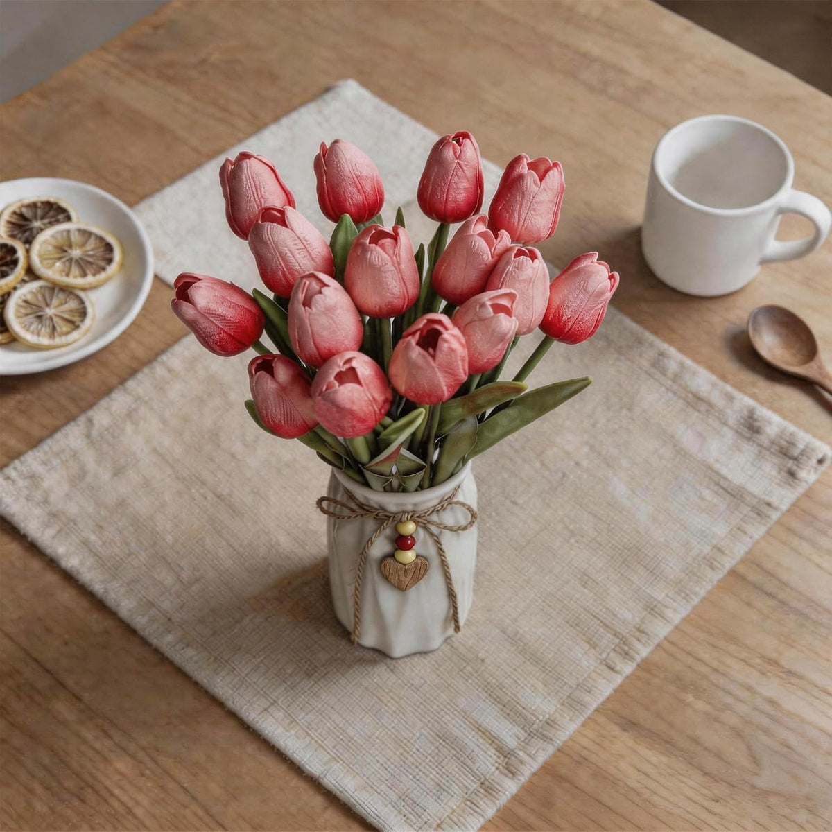 Artificial Tulip Flower Arrangement in Ceramic Vase with Rustic Heart Charm, 15 PCS PU Real Touch Faux Floral Table Centerpiece for Home, Dining Table, Wedding Décor, Peach Pink