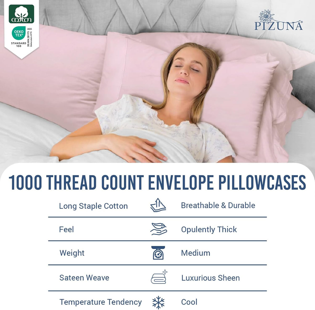 100% Cotton Envelope Pillow Cases Queen Size 1000 TC, Light Pink