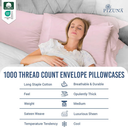 100% Cotton Envelope Pillow Cases Queen Size 1000 TC, Light Pink