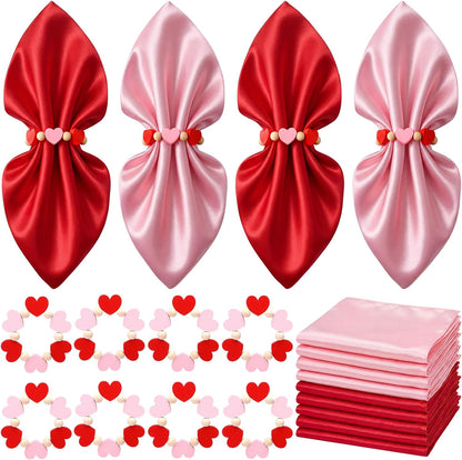8 Sets Valentine's Day Cloth Napkins and Heart Rings, Wooden Red Pink Napkins Rings Holders for Valentine's Day Wedding Anniversary Dinner Party Table Decoration