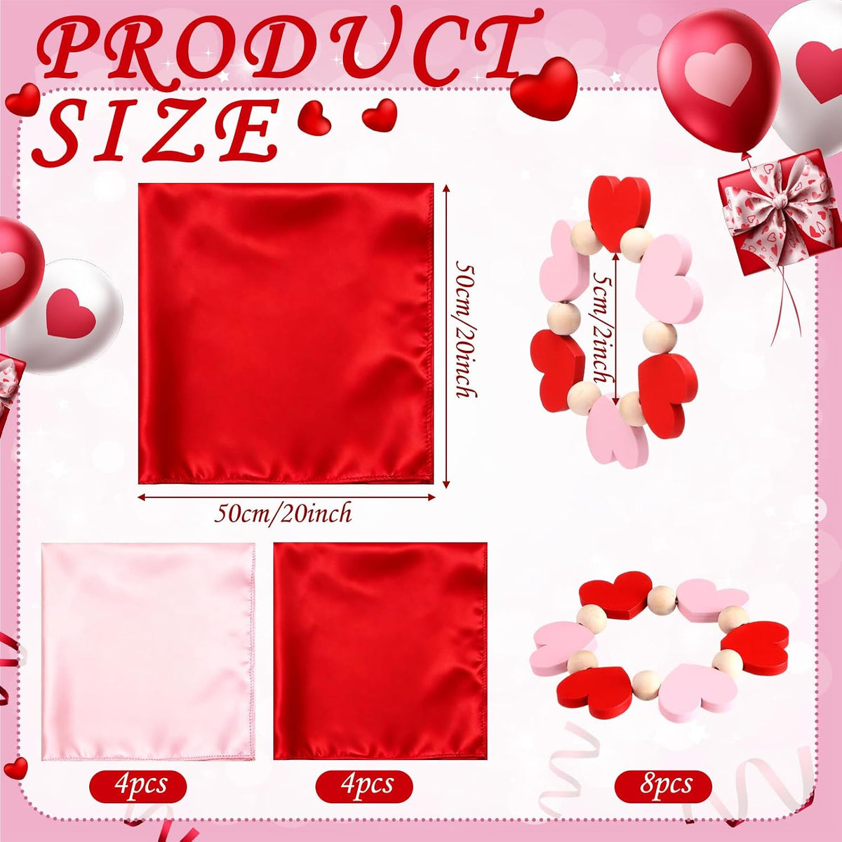 8 Sets Valentine's Day Cloth Napkins and Heart Rings, Wooden Red Pink Napkins Rings Holders for Valentine's Day Wedding Anniversary Dinner Party Table Decoration