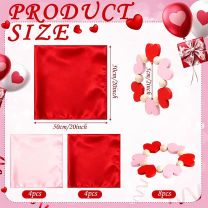 8 Sets Valentine's Day Cloth Napkins and Heart Rings, Wooden Red Pink Napkins Rings Holders for Valentine's Day Wedding Anniversary Dinner Party Table Decoration
