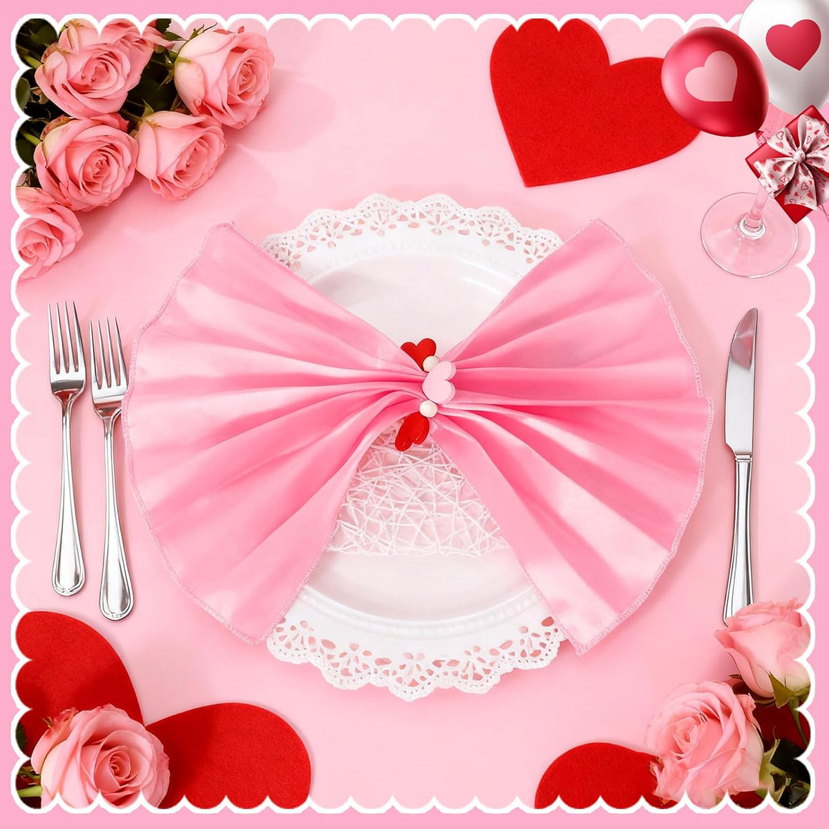 8 Sets Valentine's Day Cloth Napkins and Heart Rings, Wooden Red Pink Napkins Rings Holders for Valentine's Day Wedding Anniversary Dinner Party Table Decoration