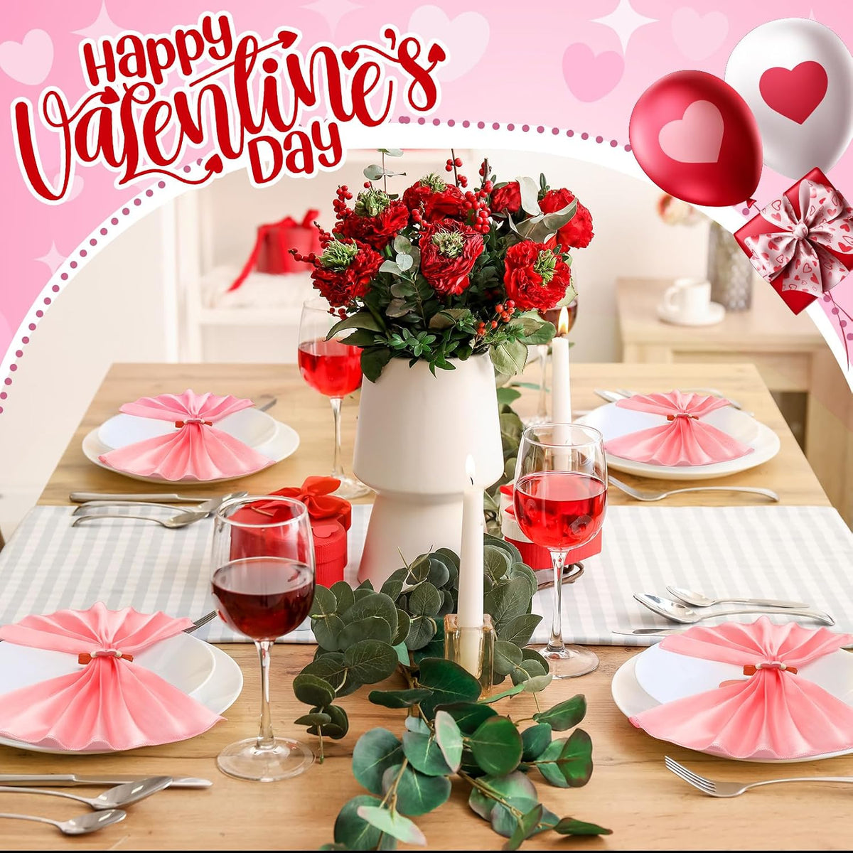 8 Sets Valentine's Day Cloth Napkins and Heart Rings, Wooden Red Pink Napkins Rings Holders for Valentine's Day Wedding Anniversary Dinner Party Table Decoration